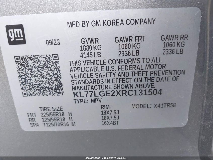 2024 Chevrolet Trax Fwd 1Rs VIN: KL77LGE2XRC131504 Lot: 43359631