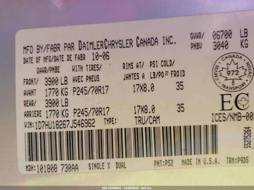 2007 Dodge Ram 1500 St VIN: 1D7HU18267J546962 Lot: 43359632