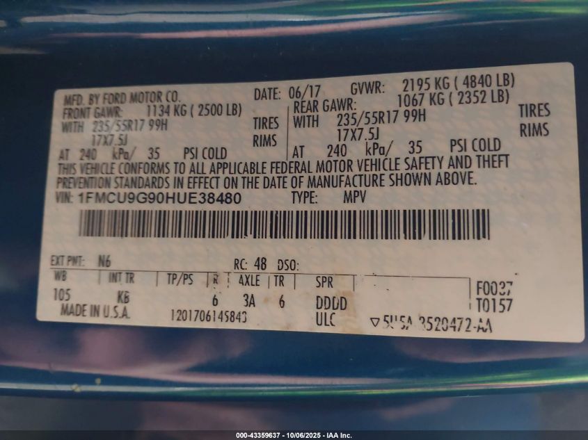 2017 Ford Escape Se VIN: 1FMCU9G90HUE38480 Lot: 43359637