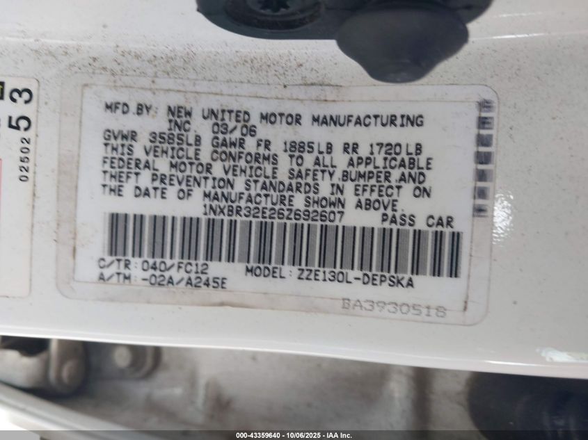 2006 Toyota Corolla S VIN: 1NXBR32E26Z692607 Lot: 43359640