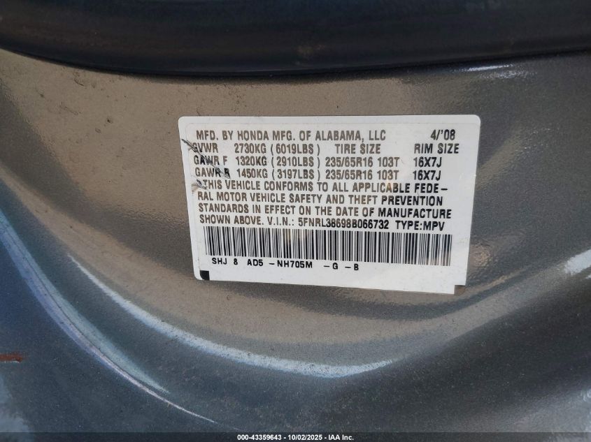 2008 Honda Odyssey Ex-L VIN: 5FNRL38698B066732 Lot: 43359643