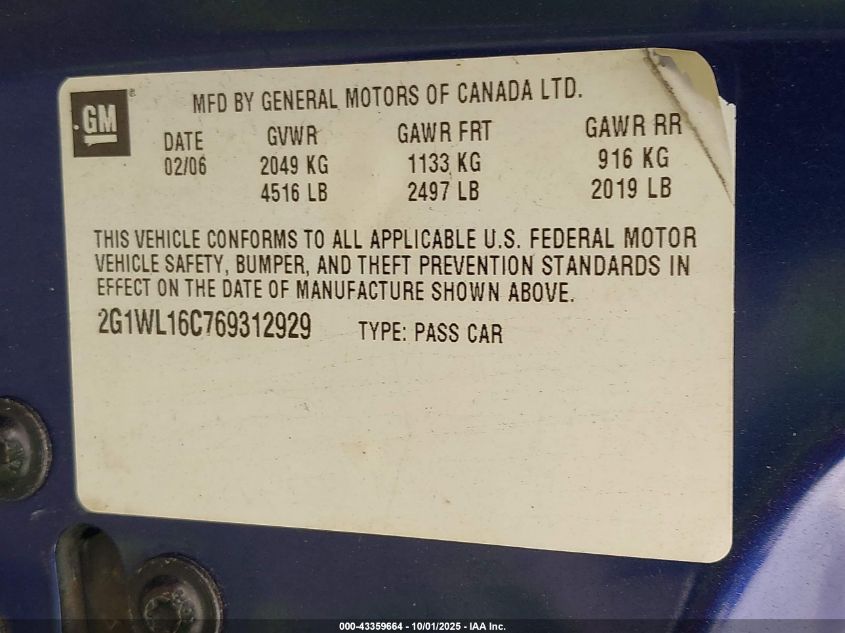 2006 Chevrolet Monte Carlo Ss VIN: 2G1WL16C769312929 Lot: 43359664