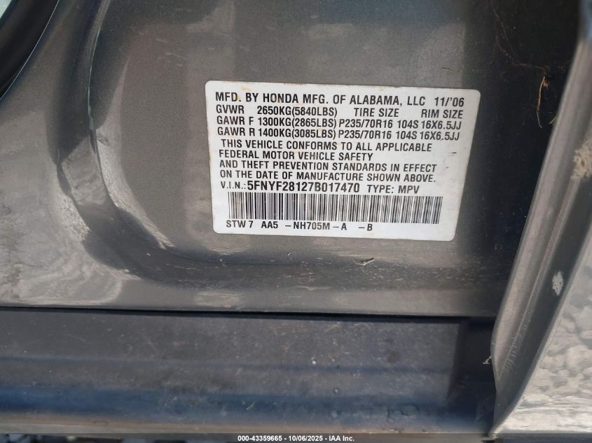 2007 Honda Pilot Lx VIN: 5FNYF28127B017470 Lot: 43359665