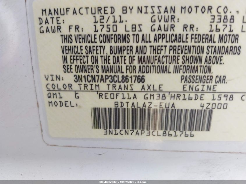 2012 Nissan Versa 1.6 S VIN: 3N1CN7AP3CL861766 Lot: 43359666