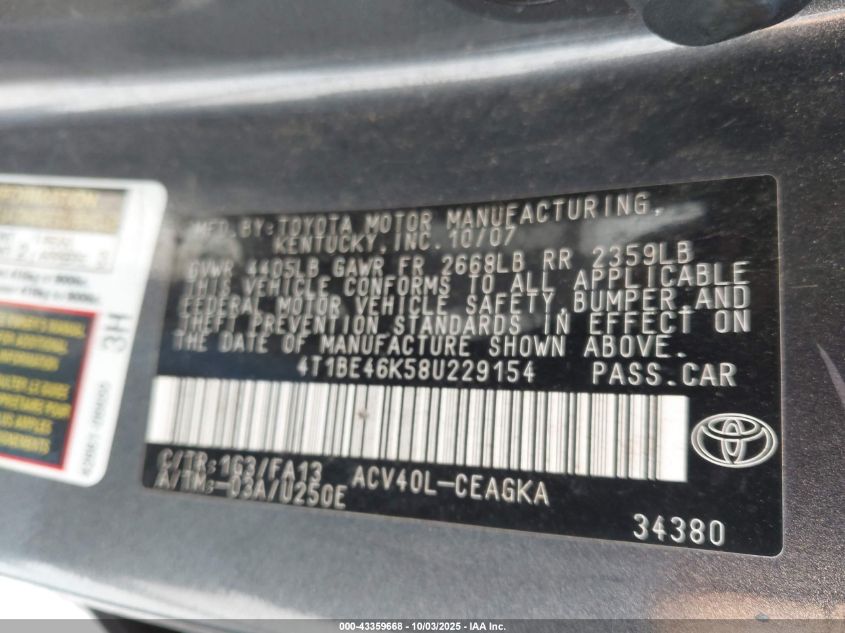 2008 Toyota Camry Xle VIN: 4T1BE46K58U229154 Lot: 43359668