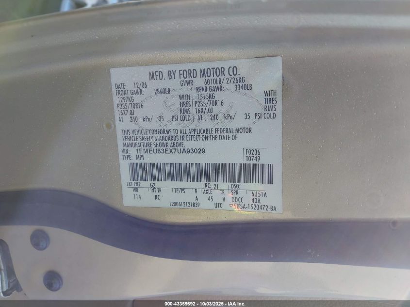 2007 Ford Explorer Xlt VIN: 1FMEU63EX7UA93029 Lot: 43359692