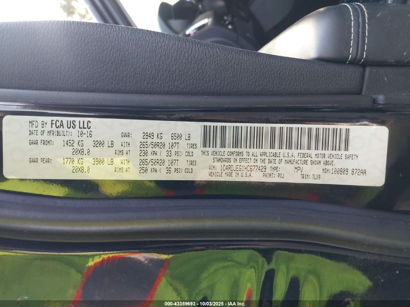 2017 Dodge Durango Citadel Awd VIN: 1C4RDJEG1HC677429 Lot: 43359693