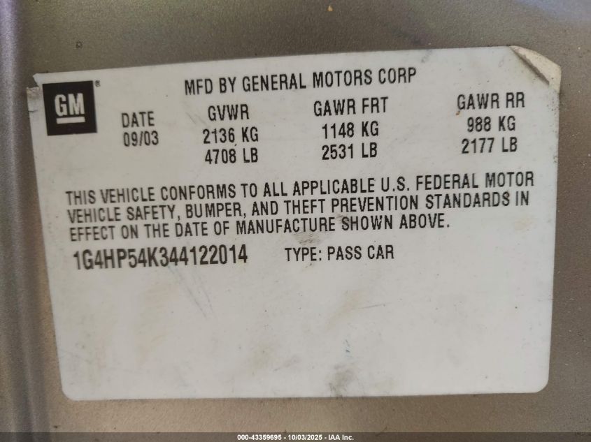 2004 Buick Lesabre Custom VIN: 1G4HP54K344122014 Lot: 43359695