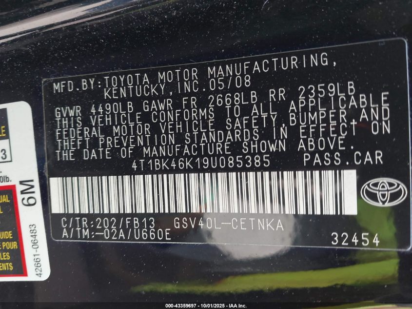 2009 Toyota Camry Le V6 VIN: 4T1BK46K19U085385 Lot: 43359697