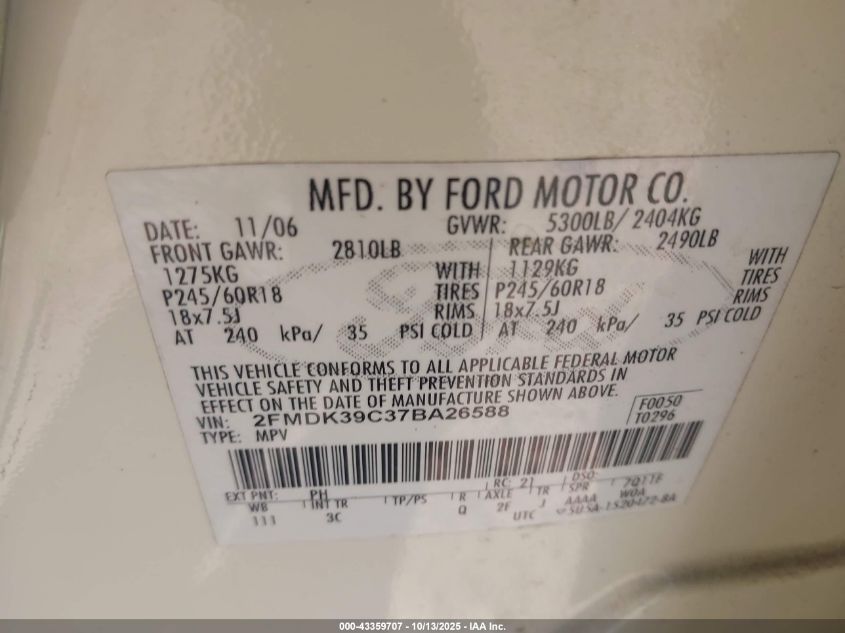 2007 Ford Edge Sel Plus VIN: 2FMDK39C37BA26588 Lot: 43359707