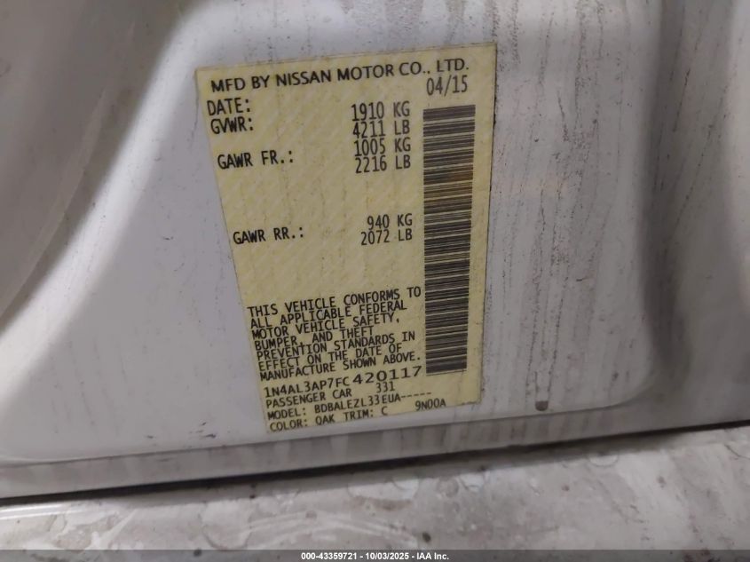 2015 Nissan Altima 2.5/2.5 S/2.5 Sl/2.5 Sv VIN: 1N4AL3AP7FC420117 Lot: 43359721