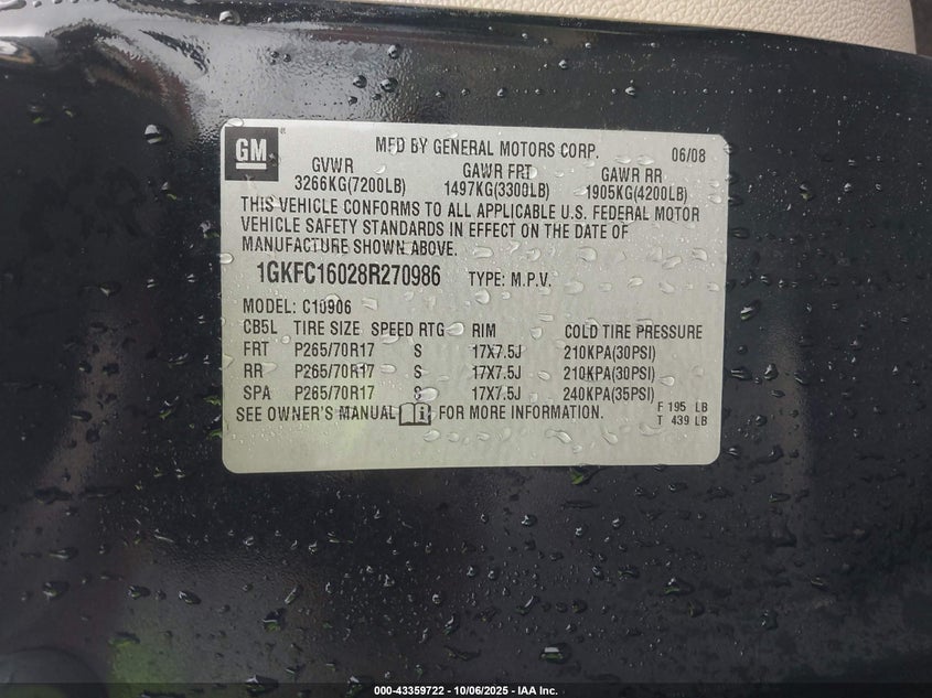 2008 GMC Yukon Xl 1500 Slt VIN: 1GKFC16028R270986 Lot: 43359722