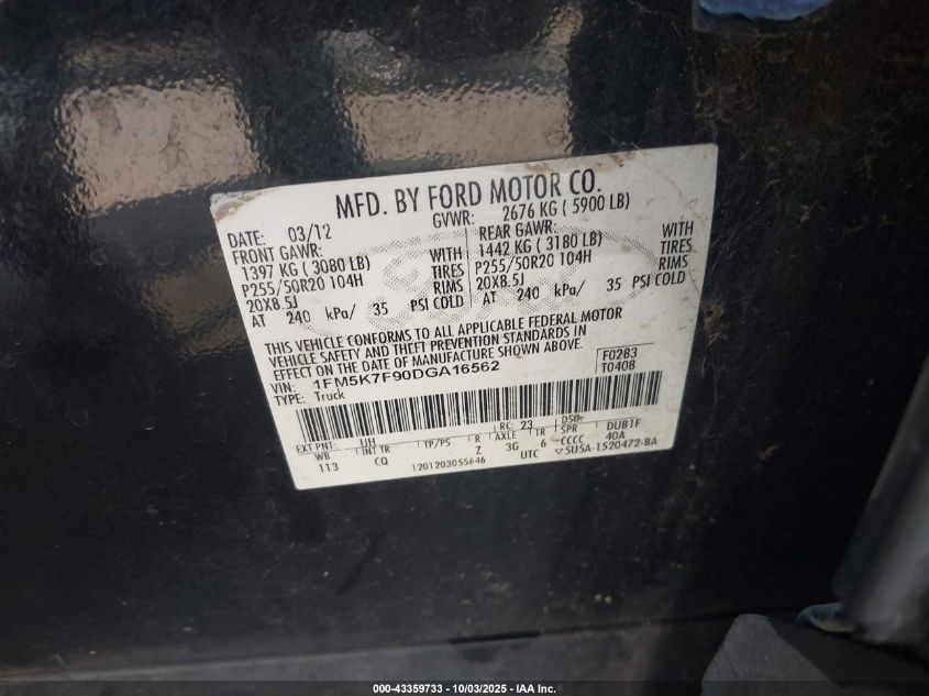 2013 Ford Explorer Limited VIN: 1FM5K7F90DGA16562 Lot: 43359733