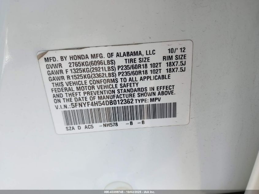 2013 Honda Pilot Ex-L VIN: 5FNYF4H54DB012362 Lot: 43359745