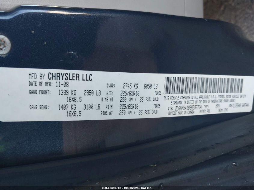 2009 Dodge Grand Caravan Sxt VIN: 2D8HN54189R597794 Lot: 43359748