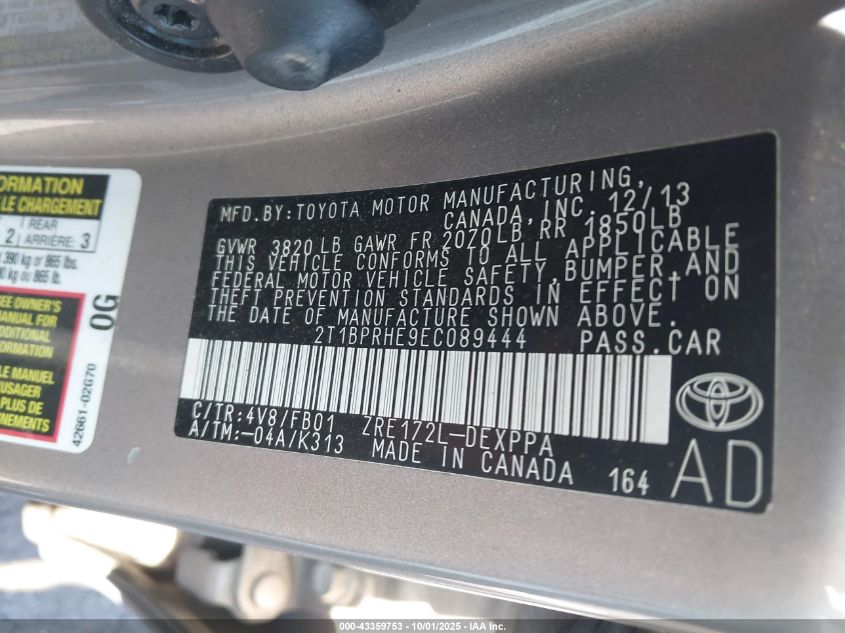 2014 Toyota Corolla Le Eco Plus VIN: 2T1BPRHE9EC089444 Lot: 43359753