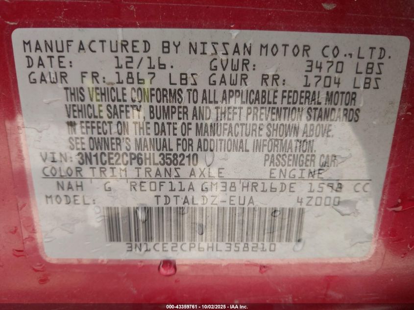 2017 Nissan Versa Note Sv VIN: 3N1CE2CP6HL358210 Lot: 43359761