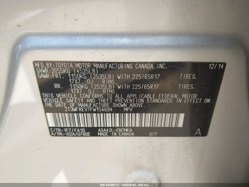 2015 Toyota Rav4 Xle VIN: 2T3WFREV7FW154694 Lot: 43359772