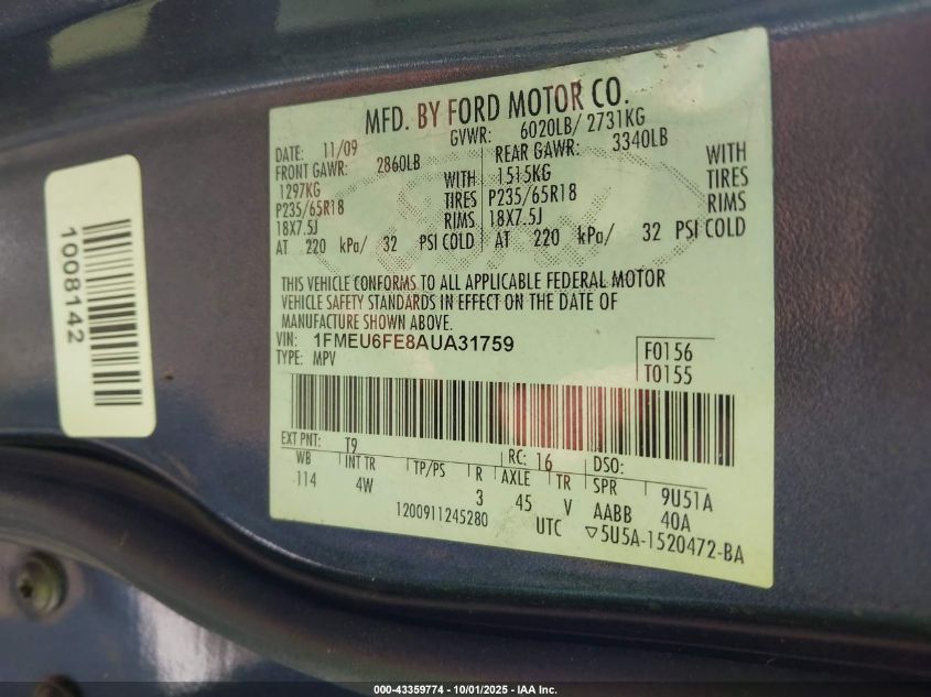 2010 Ford Explorer Limited VIN: 1FMEU6FE8AUA31759 Lot: 43359774