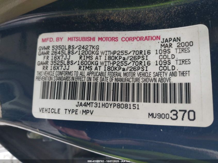 2000 Mitsubishi Montero Sport Ls/Xls VIN: JA4MT31H0YP808151 Lot: 43359782