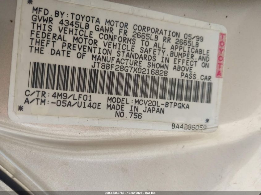 1999 Lexus Es 300 VIN: JT8BF28G7X0216828 Lot: 43359783