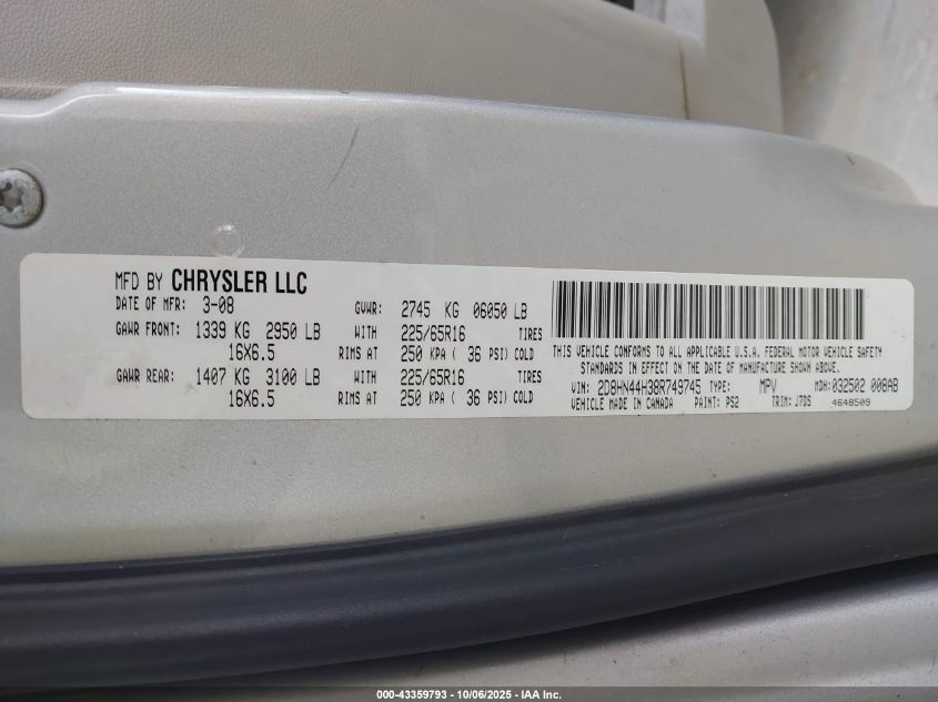 2008 Dodge Grand Caravan Se VIN: 2D8HN44H38R749745 Lot: 43359793