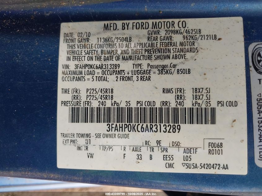 2010 Ford Fusion Sport VIN: 3FAHP0KC6AR313289 Lot: 43359799