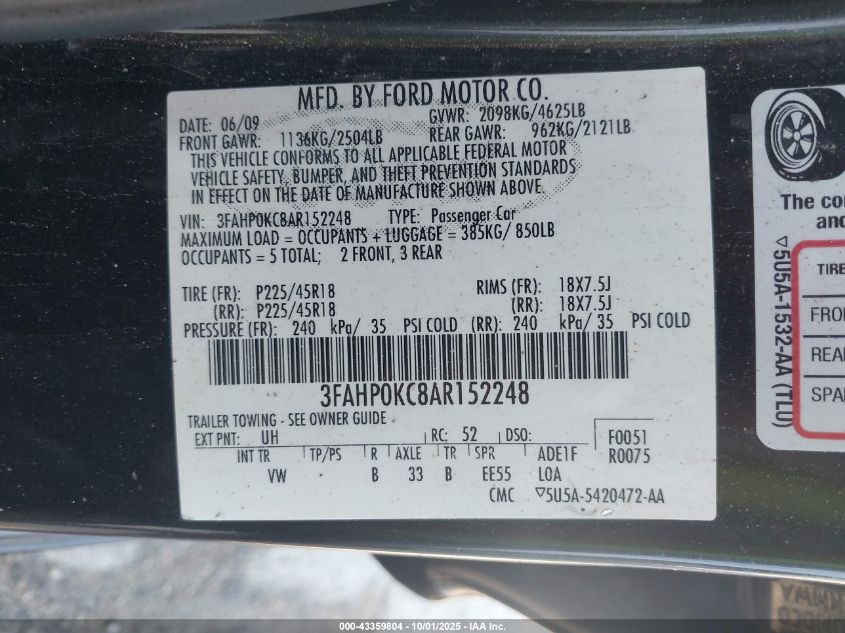 2010 Ford Fusion Sport VIN: 3FAHP0KC8AR152248 Lot: 43359804