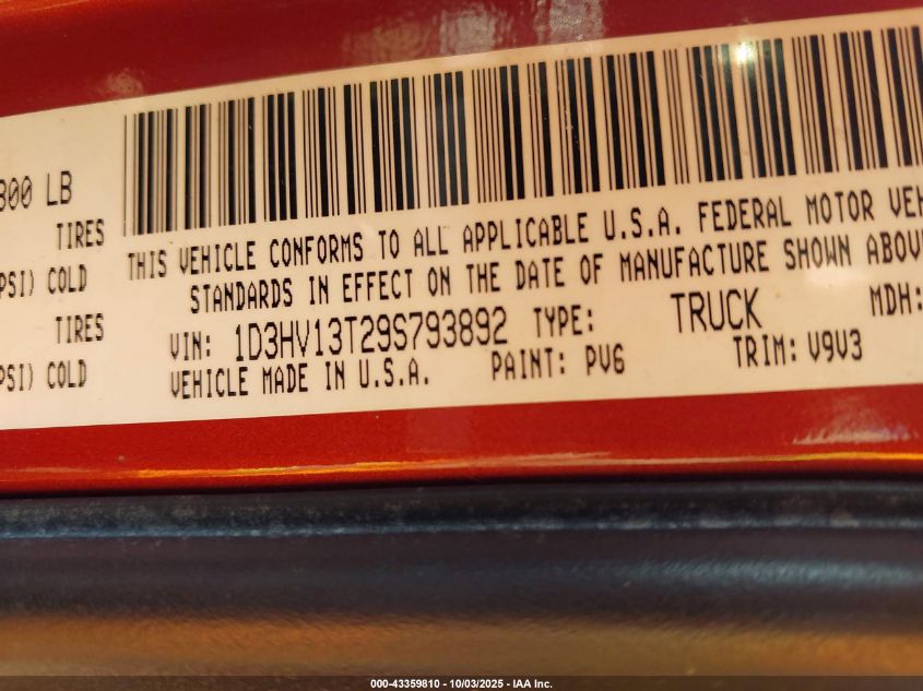 2009 Dodge Ram 1500 St VIN: 1D3HV13T29S793892 Lot: 43359810