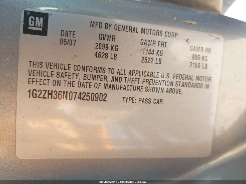 2007 Pontiac G6 Gt VIN: 1G2ZH36N074250902 Lot: 43359813