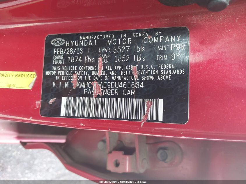 2013 Hyundai Accent Gls VIN: KMHCT4AE9DU461634 Lot: 43359820