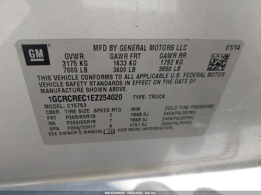 2014 Chevrolet Silverado 1500 1Lt VIN: 1GCRCREC1EZ254020 Lot: 43359828