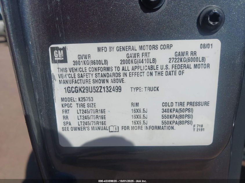 2002 Chevrolet Silverado 2500 Ls VIN: 1GCGK29U52Z132499 Lot: 43359835