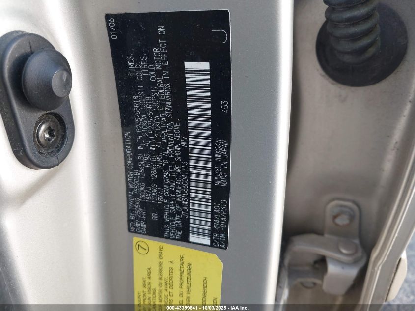 2006 Lexus Rx 400H VIN: JTJHW31U660041713 Lot: 43359841