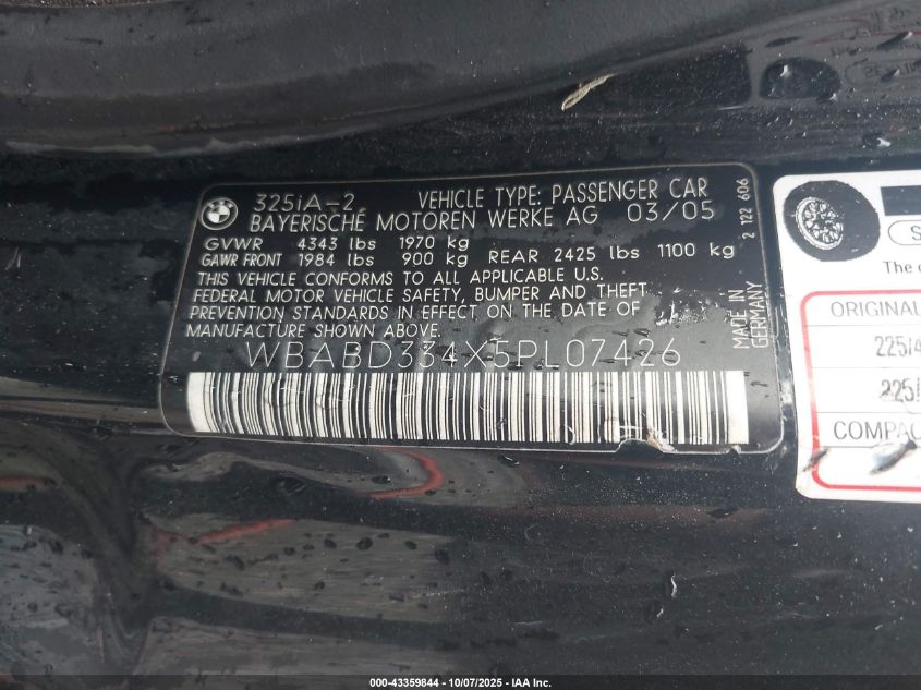 2005 BMW 325Ci VIN: WBABD334X5PL07426 Lot: 43359844