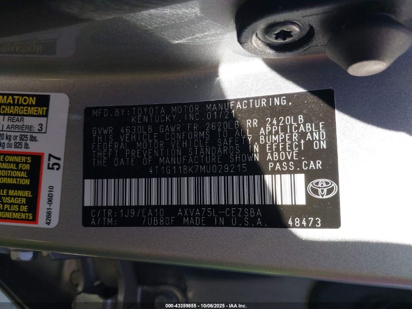 2021 Toyota Camry Se Awd VIN: 4T1G11BK7MU029215 Lot: 43359855