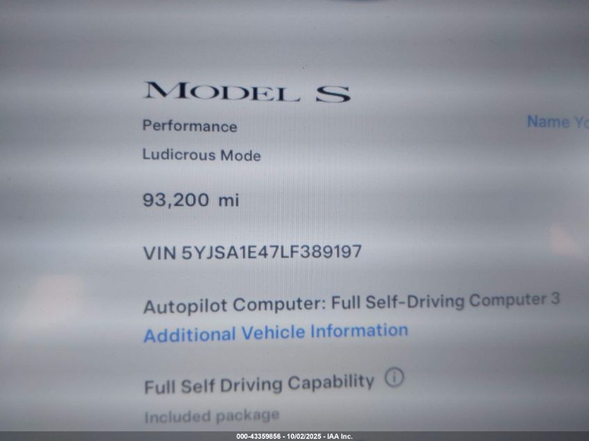 2020 Tesla Model S Performance Dual Motor All-Wheel Drive VIN: 5YJSA1E47LF389197 Lot: 43359856