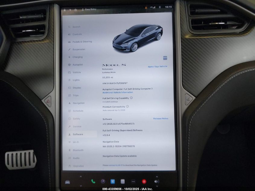 2020 Tesla Model S Performance Dual Motor All-Wheel Drive VIN: 5YJSA1E47LF389197 Lot: 43359856