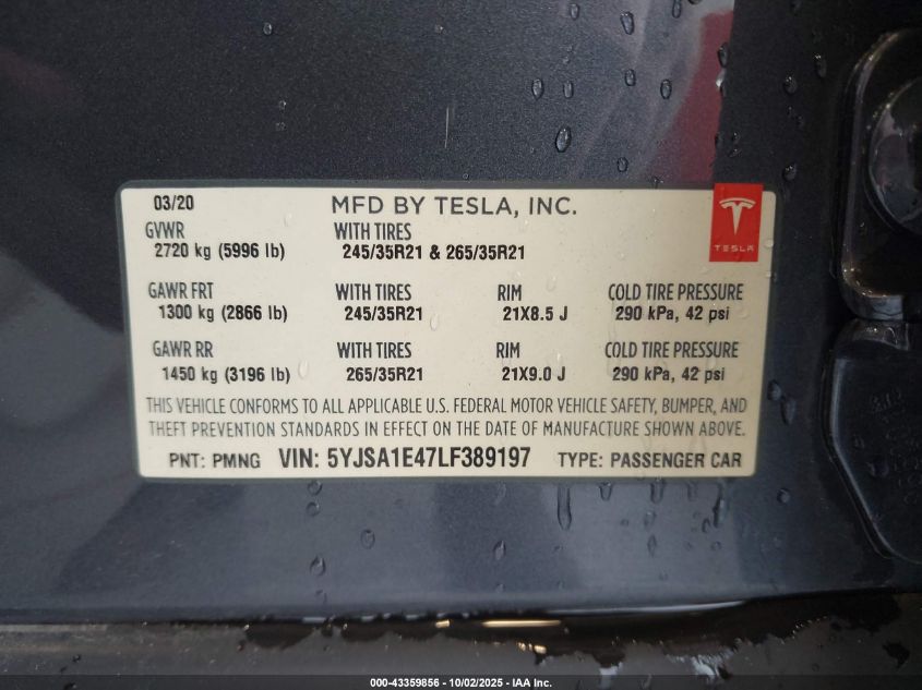 2020 Tesla Model S Performance Dual Motor All-Wheel Drive VIN: 5YJSA1E47LF389197 Lot: 43359856