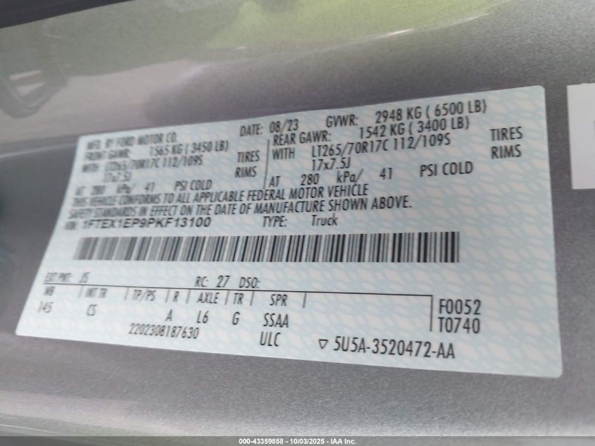 2023 Ford F-150 Xl VIN: 1FTEX1EP9PKF13100 Lot: 43359858