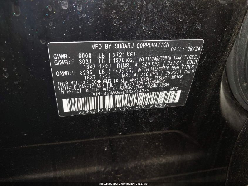 2024 Subaru Ascent Premium 7-Passenger VIN: 4S4WMAED4R3444375 Lot: 43359859