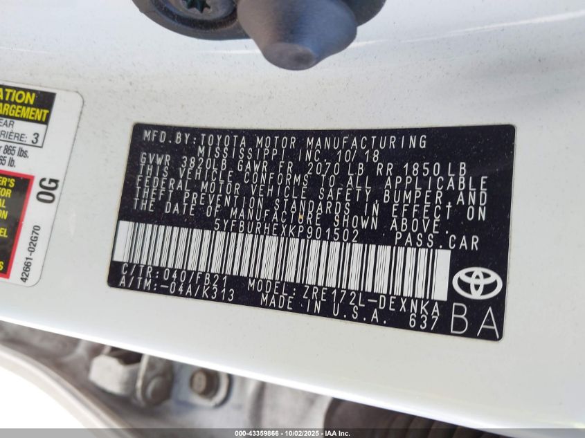 2019 Toyota Corolla Le VIN: 5YFBURHEXKP901502 Lot: 43359866