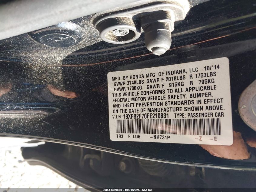 2015 Honda Civic Se VIN: 19XFB2F70FE210831 Lot: 43359870