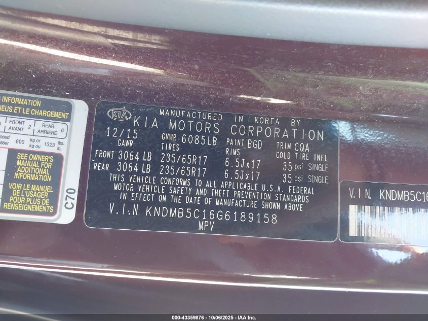 2016 Kia Sedona Lx VIN: KNDMB5C16G6189158 Lot: 43359876