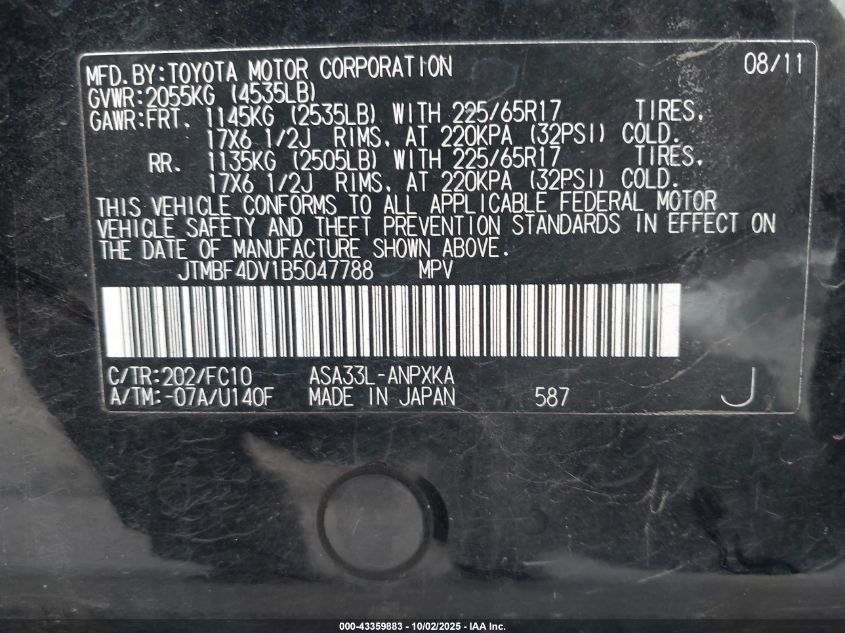 2011 Toyota Rav4 VIN: JTMBF4DV1B5047788 Lot: 43359883