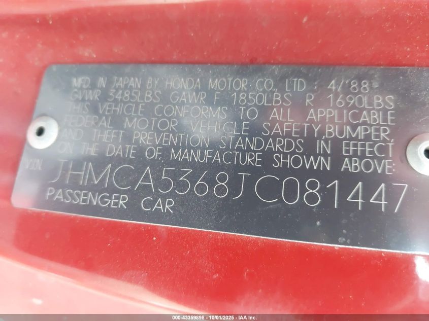 1988 Honda Accord Dx VIN: JHMCA5368JC081447 Lot: 43359898