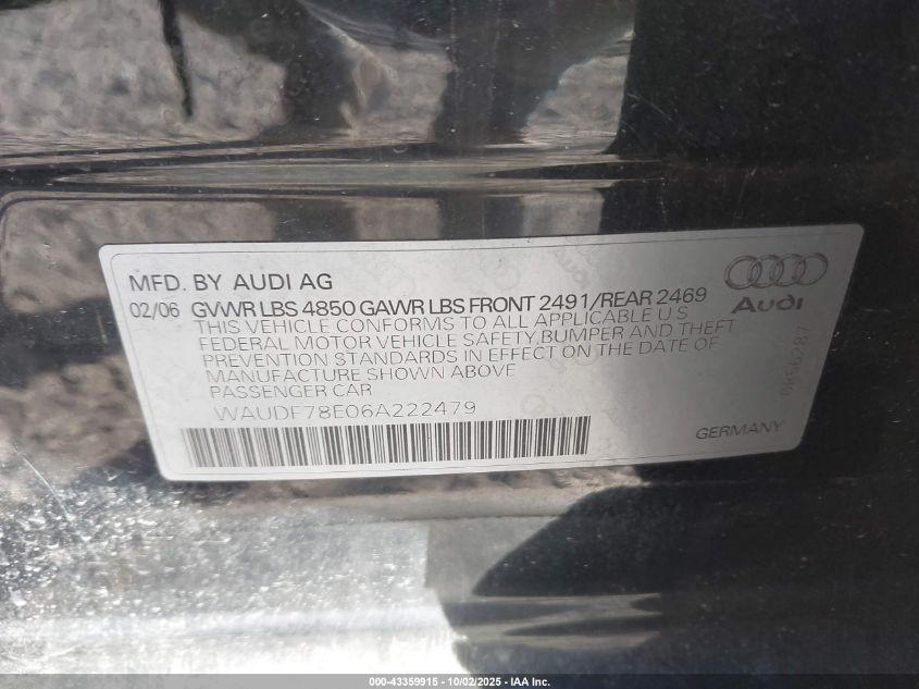 2006 Audi A4 2.0T VIN: WAUDF78E06A222479 Lot: 43359915