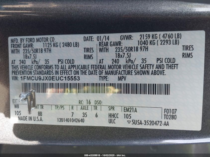 2014 Ford Escape Titanium VIN: 1FMCU9JX0EUC15553 Lot: 43359916