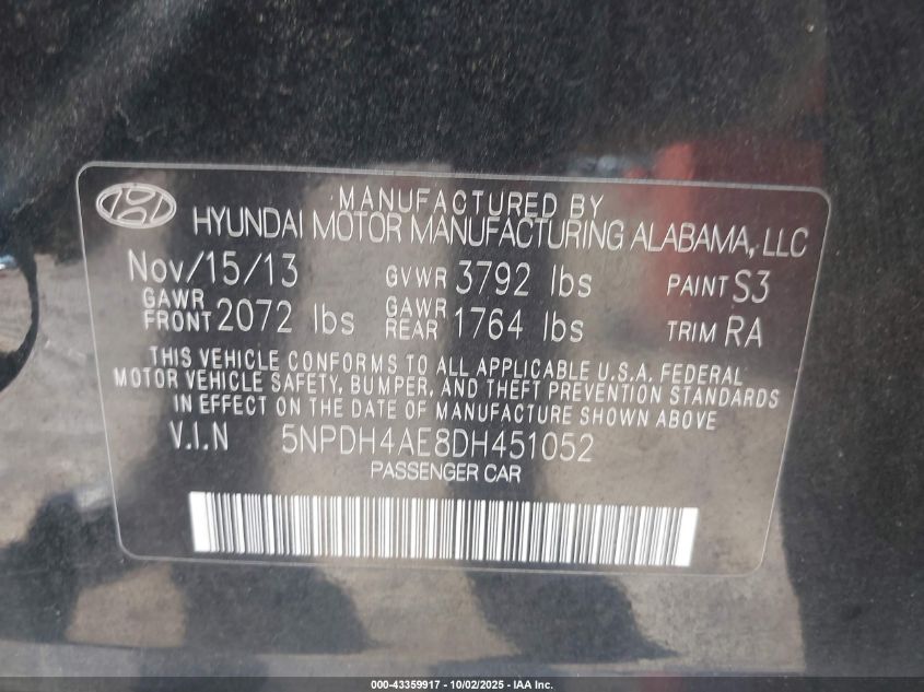 2013 Hyundai Elantra Gls VIN: 5NPDH4AE8DH451052 Lot: 43359917