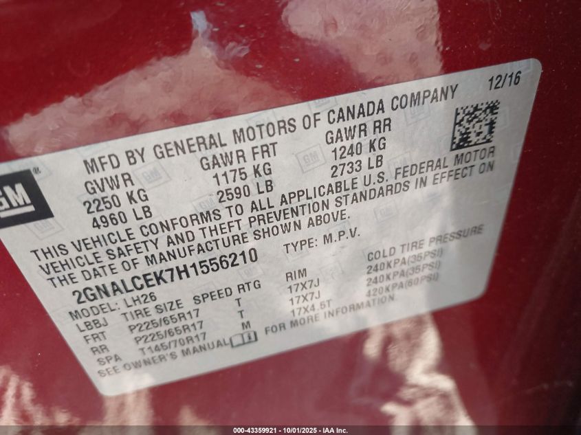 2017 Chevrolet Equinox Lt VIN: 2GNALCEK7H1556210 Lot: 43359921